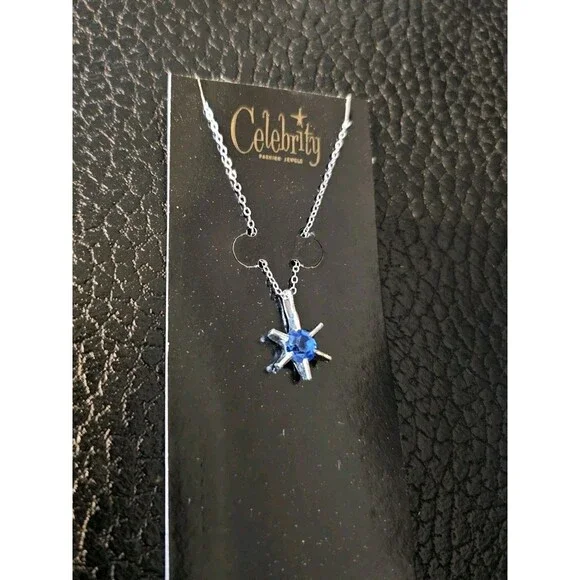 Vintage Celebrity NY Silver Tone Starburst Charm W/ Blue Stone Necklace 15" NOS - Picture 4 of 6